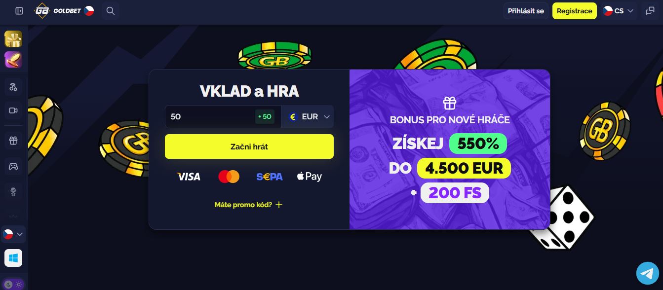 Zaregistrujte se u Goldbet a získejte uvítací bonus 550 % až do výše 4 500 EUR plus 200 free spinů